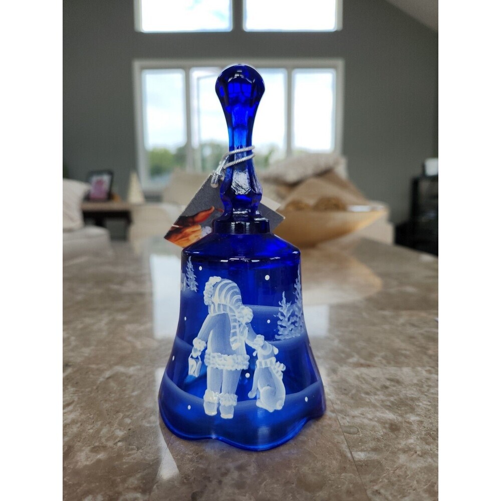 Fenton Cobalt Blue Glass Bell, Mary Gregory Style, Painted By Sue Jackson, 6 1/4